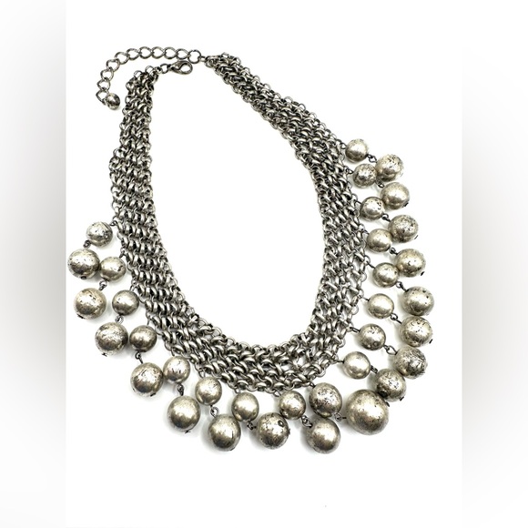 Old Silver Tone Bib Necklace with Dangling Balls-Statement Necklace - Picture 7 of 10
